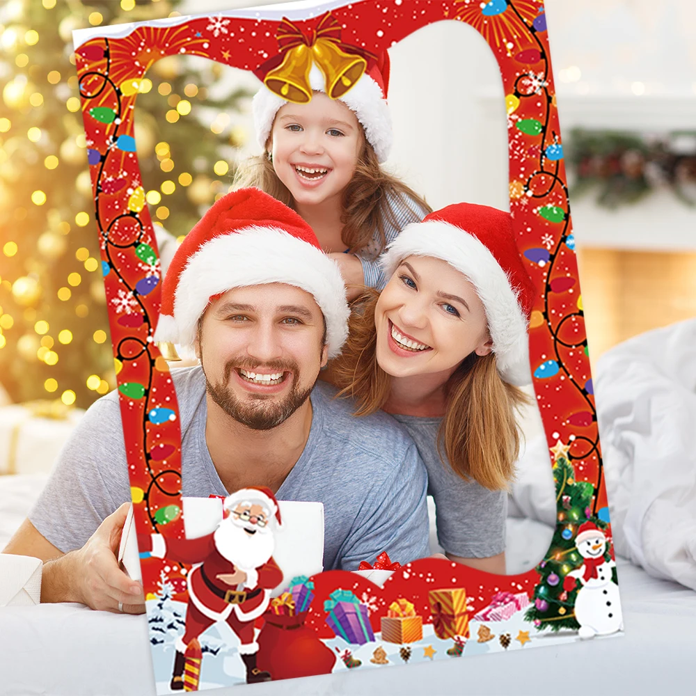Party Photo Props Christmas Photo Booth Props Kit Santa Claus Snowman with Booth Frame for Christmas Party