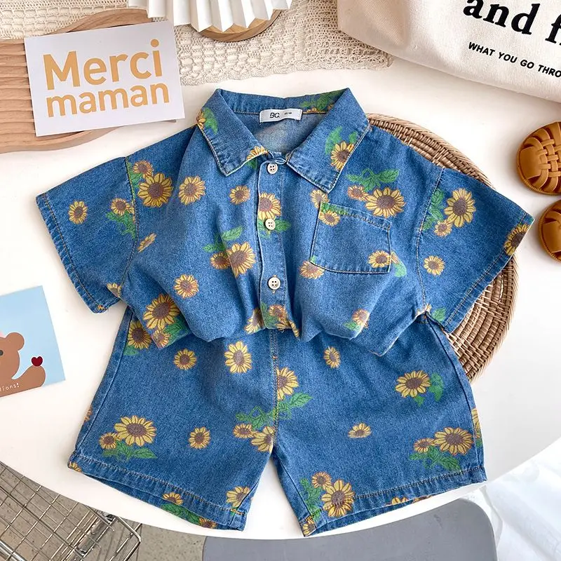 Conjunto de ropa vaquera para niños y niñas, traje informal de dos piezas, blusa y pantalones cortos, verano 2024