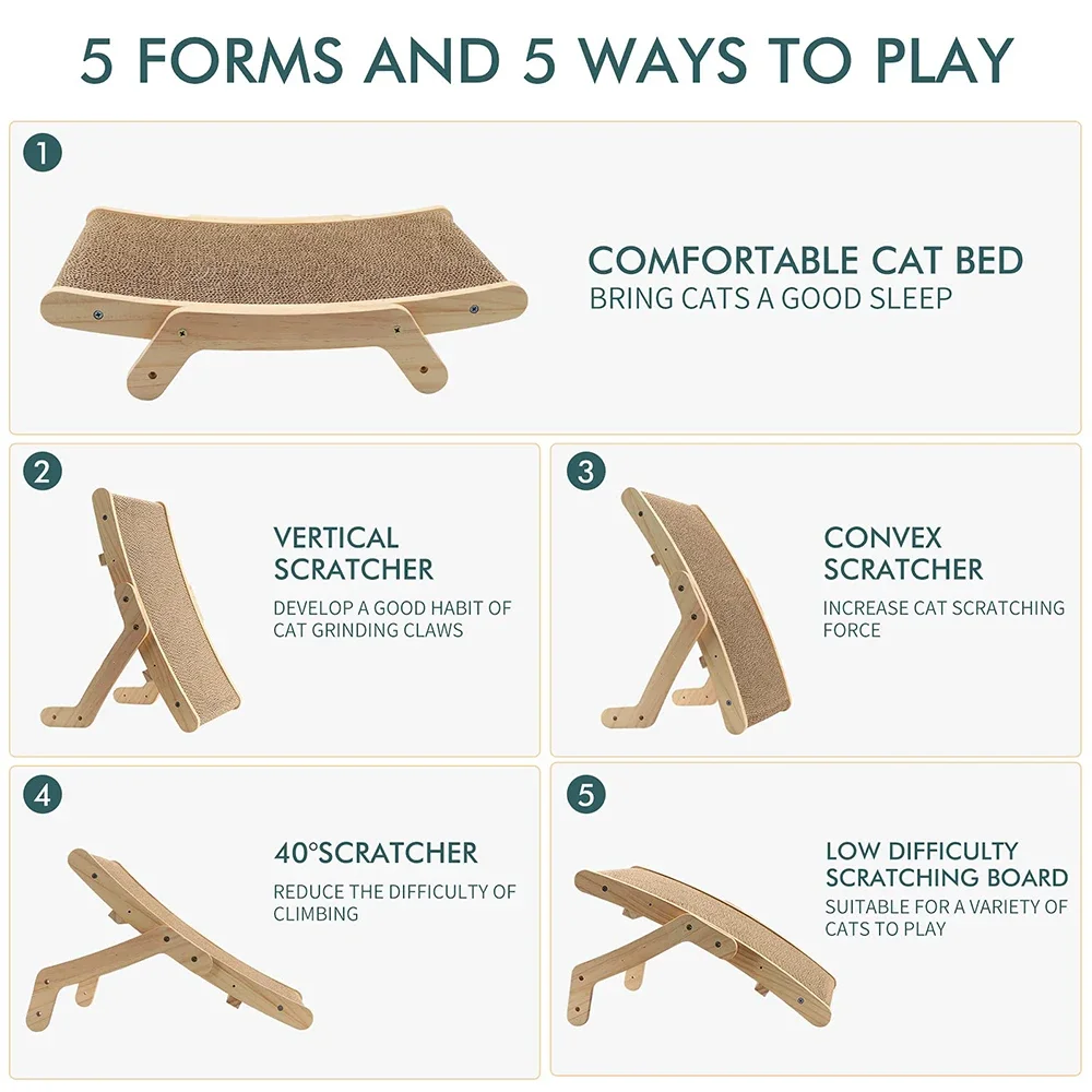 Deluxe Wooden Frame Cat Scratcher & Reversible Scratching Bed 5-in-1 Toy Set