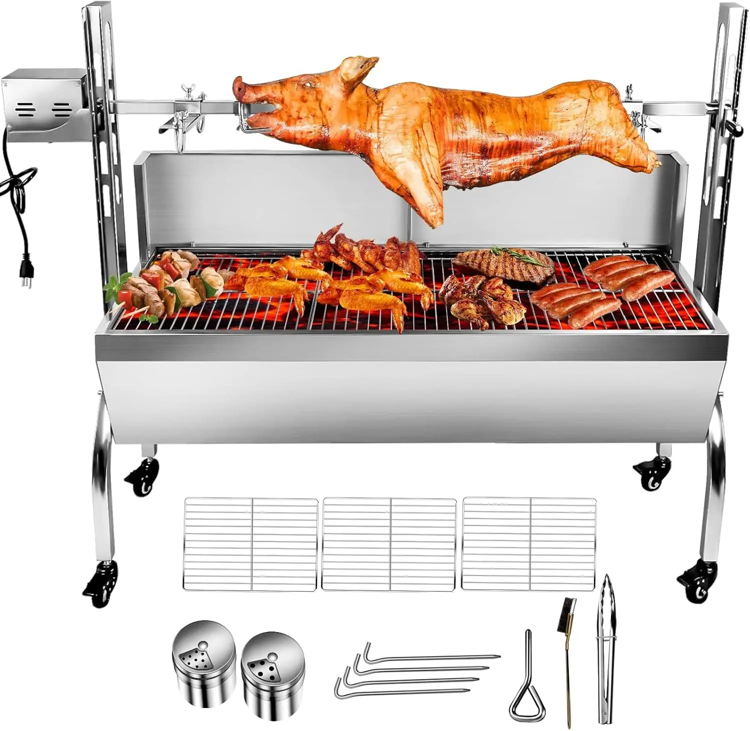 Steel Rotisserie Grill with Wind Deflector, 25W Motor Small Pig Whole Lamb Rotisserie Roaster, 80kg BBQ Charcoal Rotis