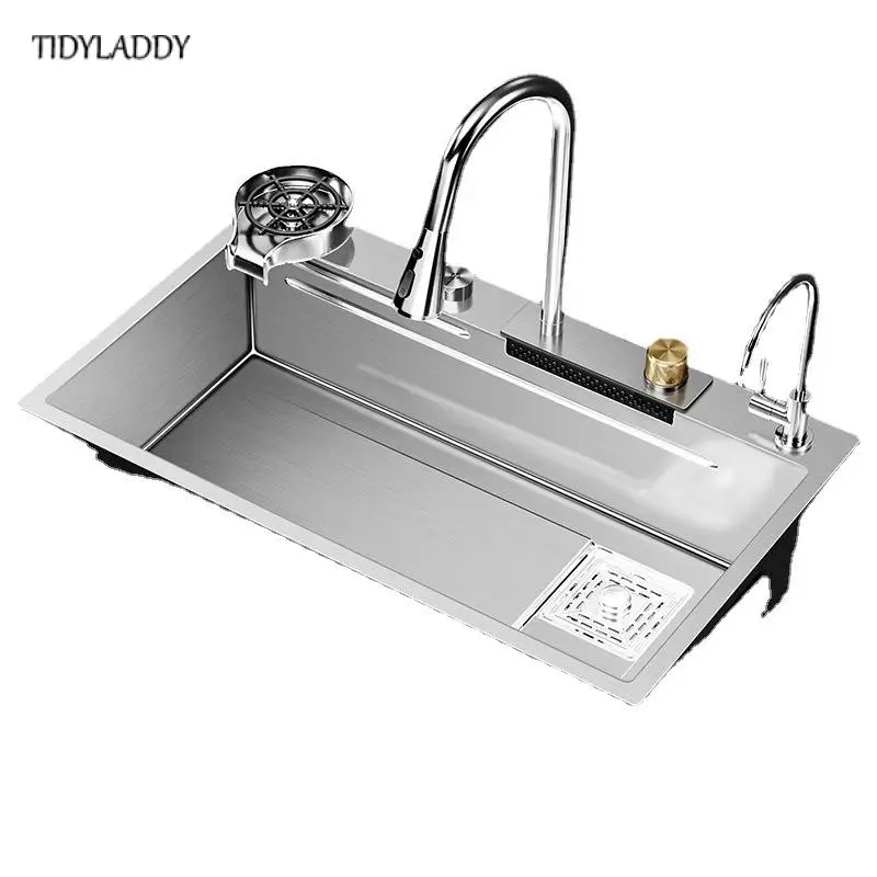 Luxury Silvery 304 Stainless Steel Waterfall Kitchen Sink High Quality Large Single Slot Multifuctional Sink Waterfall Faucet 6
