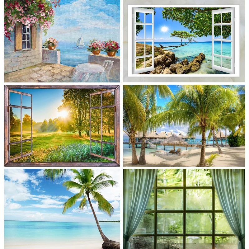 

Resort Coastal Hotel Beach Landscape Photography Backdrops Ocean Coconut Tree Tropical 3D Window Photo Studio Background AS-01