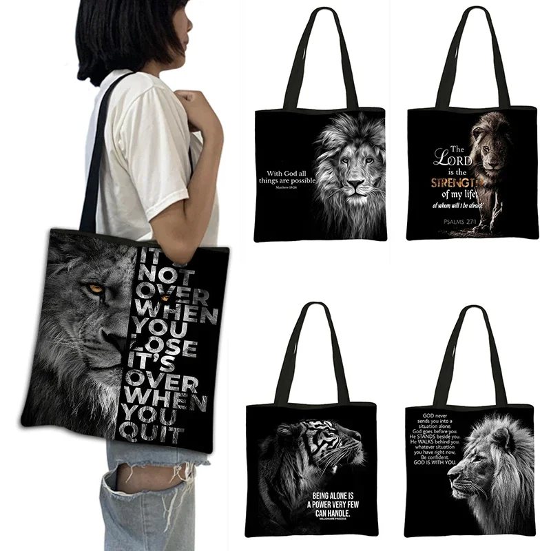 Lion Tiger Printing Handbag Women Shoulder Bags For Travel Bible Verse Be Strong and Courageous Shopping Bag Casual Totes Bags