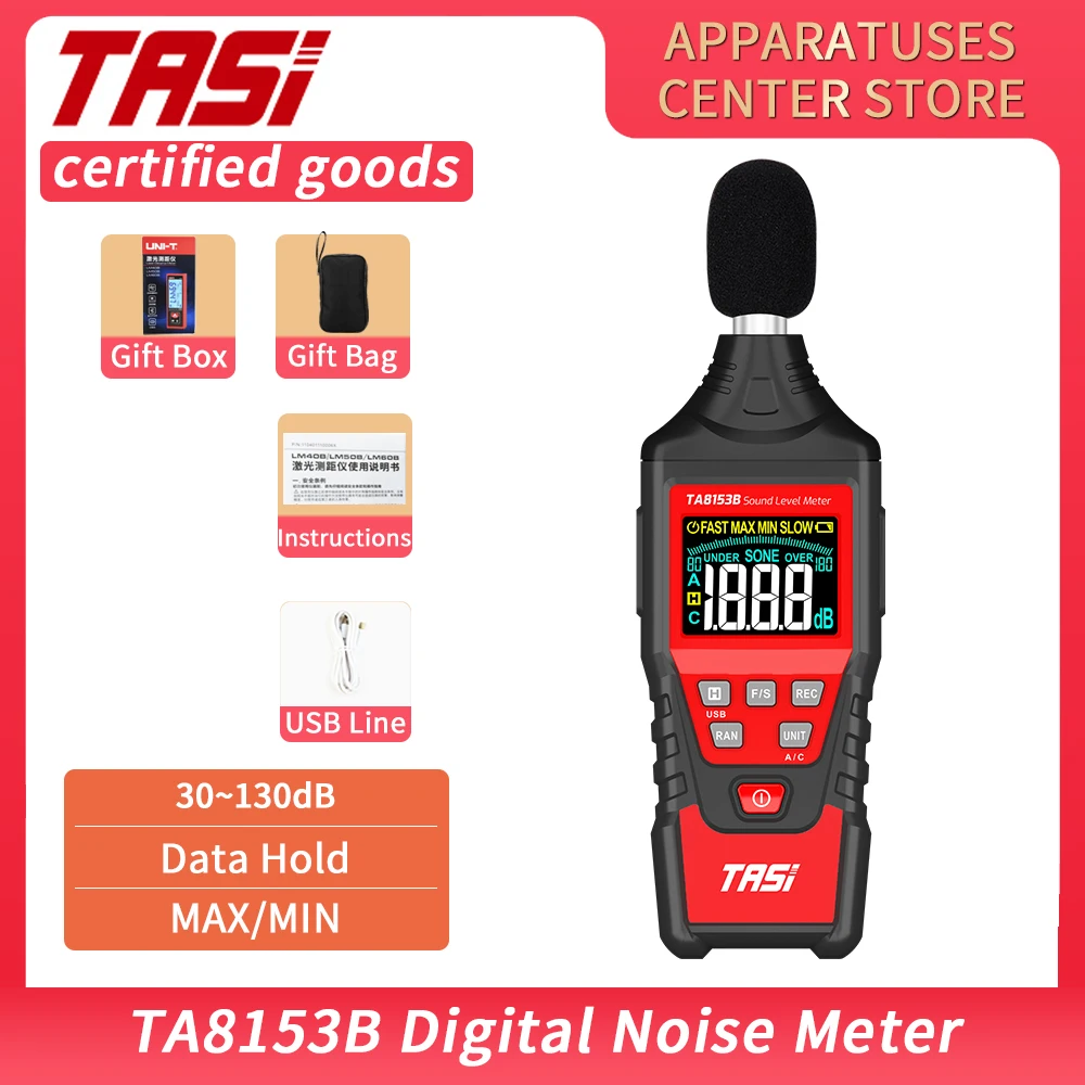 

TASI TA8153B Digital Sound Level Meter Noise Decibel Measuring Meter LCD Color Screen Range From 30-130dB USB Data Connection