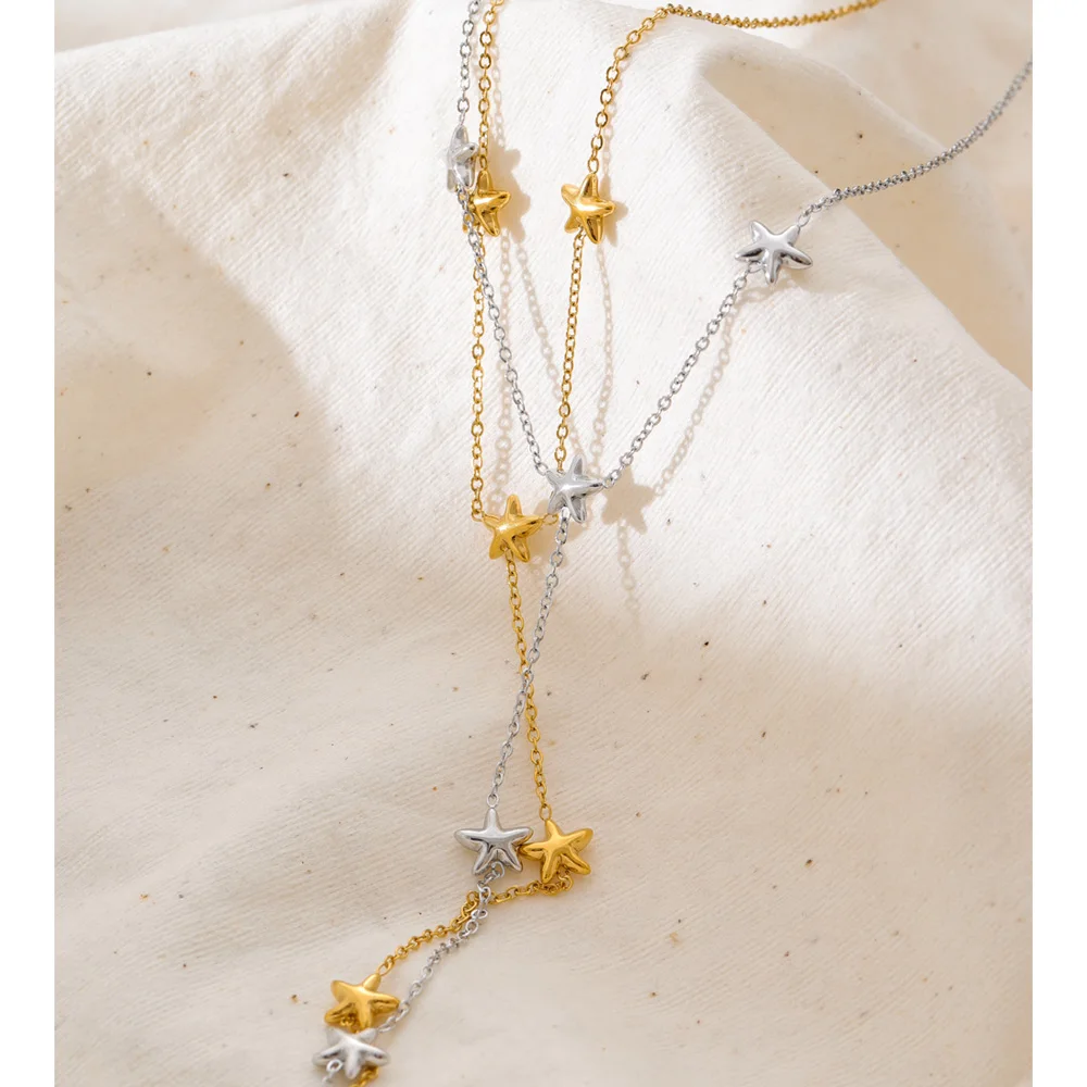 Yhpup Stainless Steel Stars Chain Drop Long Necklace Gold & Platinum PVD Plated