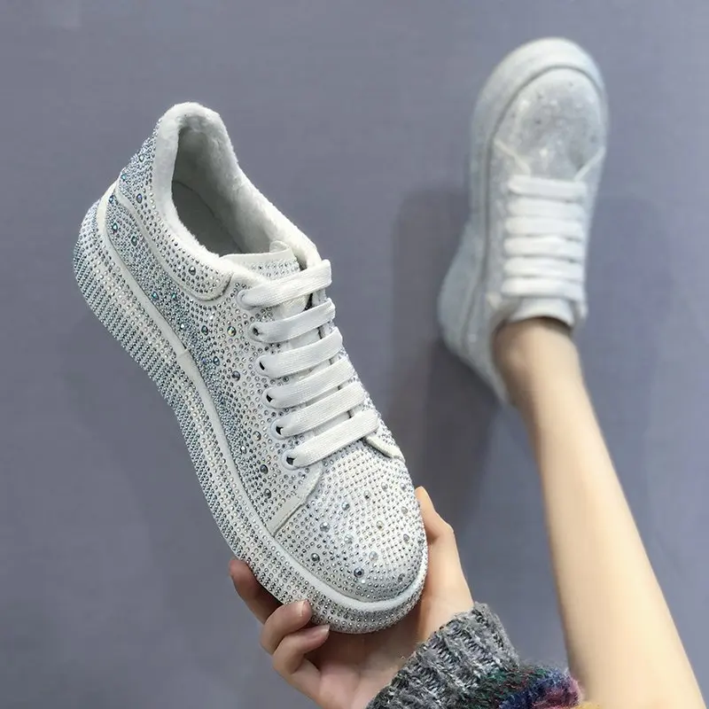 

New 2023 Autumn Women Platform Shoes Rhinestones Thick-Soled White Silver Shoes Shining Crystal Sneakers Trend Casual Sneakers