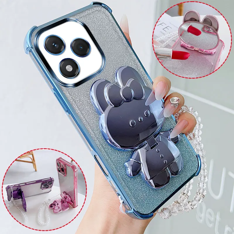 Luxury Shockproof Phone Case with Cute Rabbit Makeup Swivel Stand and Crystal Lanyard
