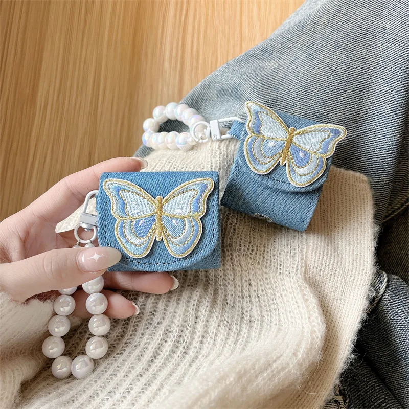 

3D Милые вышитые Чехлы с синими бабочками для Apple Airpods 3 1 2 кожаный защитный чехол для наушников air pods Pro