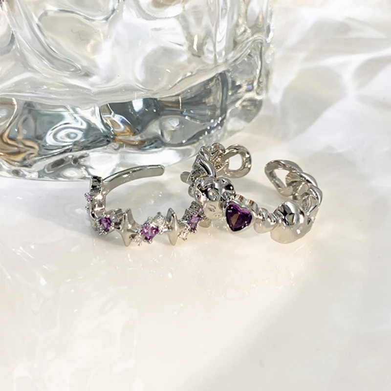 4XBF Set of 2 Purple  Adjustable Open Rings Engagement Rings Y2K Adjustable Rings Alloy Material Aesthetic Jewelry 4