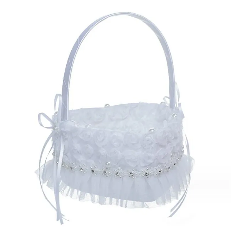 

Wedding Flower Basket Lace Pearl Romantic White Rhinestone Basket Decoration Wedding Ceremony Party Bridal Girl Flower Basket