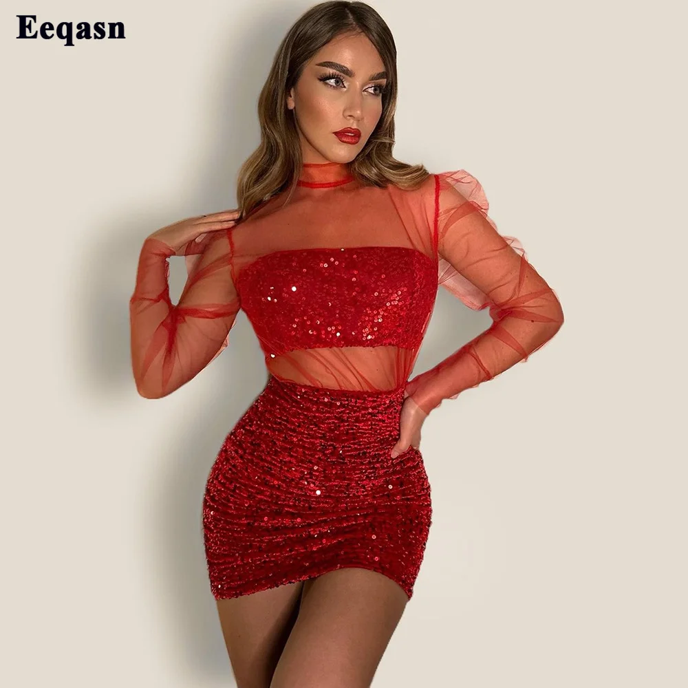 

Burgundy Sheath Mini Sequines Prom Dresses Long Sleeves Women Formal Cocktail Gowns High Neck Backless Night Club Event Dress