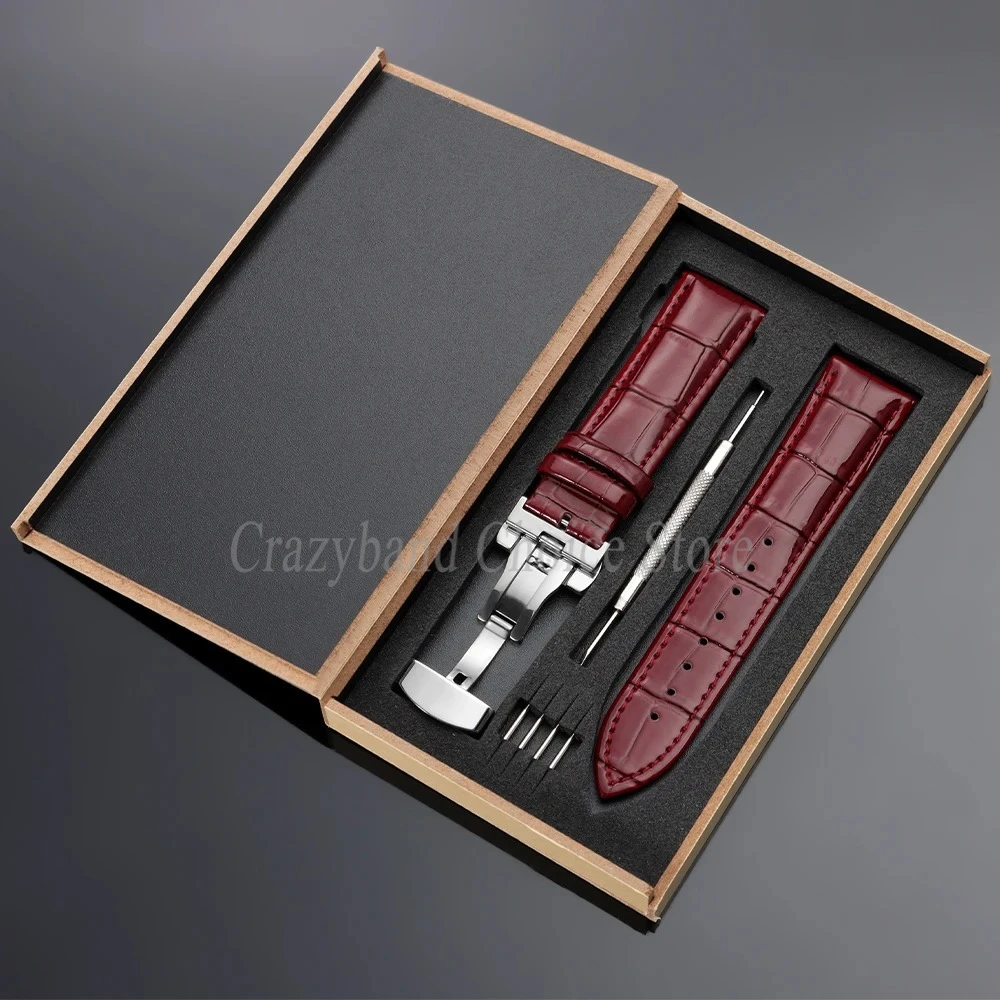 Elegant Leather Watch Strap with Metal Butterfly Clasp and Wooden Box (14mm-22mm)