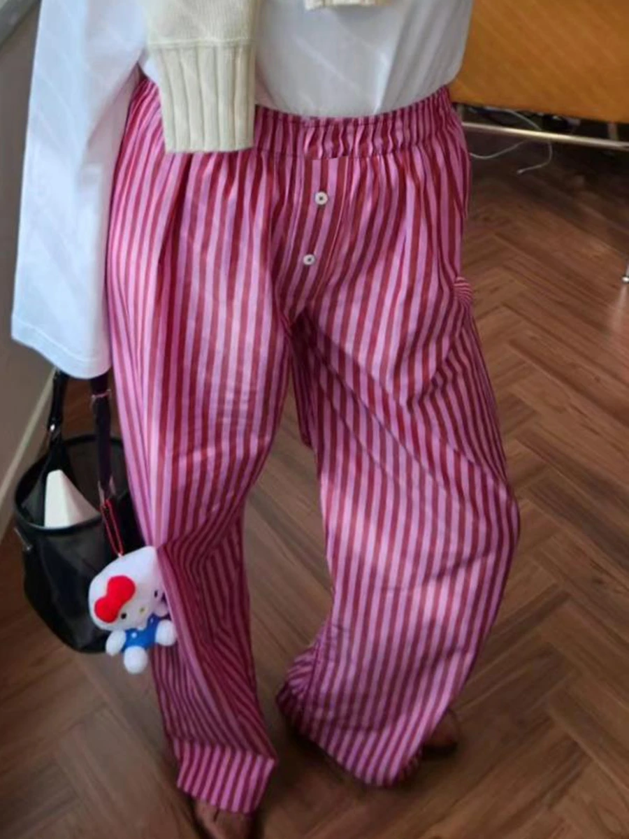 Combhasaki Women\'s Y2K Retro Vintage Casual Striped/Solid Long Pants Button Elastic High Waist Aesthetic Loose Straight Trousers