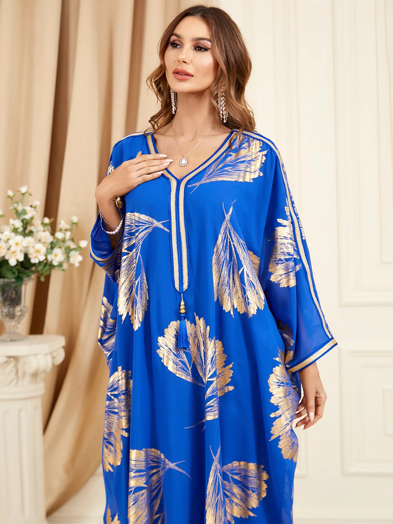 Muslim Abaya Dress for Women Fashion Leaf Gold Stamping Tape Trim V Neck Batwing Sleeve Robe Corban Eid Al Adha 2024 Hijab Dress
