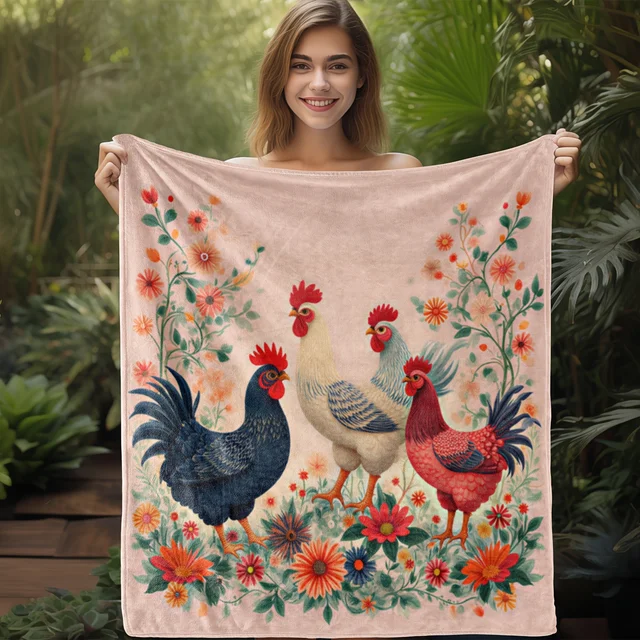 Vintage Floral Rooster Blanket 2