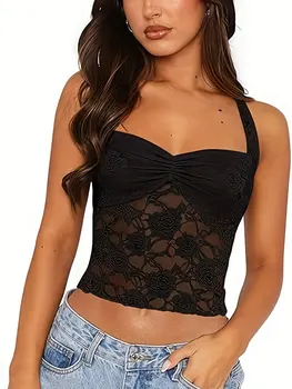 New Lace Patchwork Cami Top for Women Spaghetti Strap Halter Tie-up Backless Slim Fit Going Out Crop Top Red Sexy Lace Tank Top 1