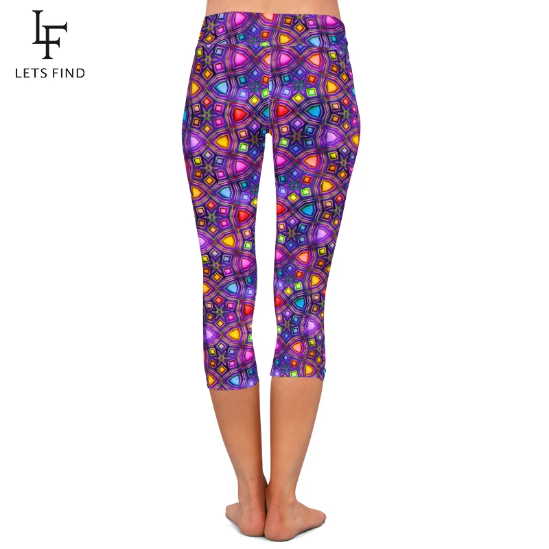 LETSFIND 3D Abstract Bright Shiny Colorful Geometric Shapes Print Women Capri Leggings Fashion High Waist Soft Pants