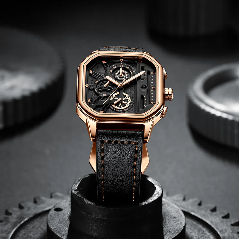 Luxury Men Watch Sport Quartz Waterproof Watches Male Leather Chronograph Luminous Clock Square Skeleton Dial relógio masculino