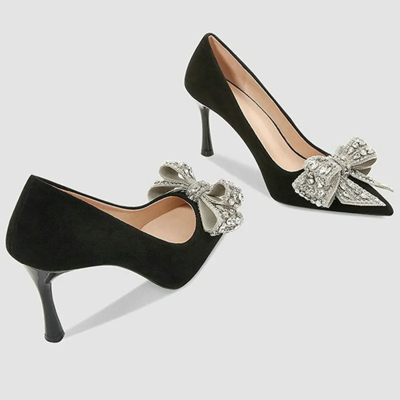 2025 Spring New French High Heels Rhinestone Bow Suede Fine Heel