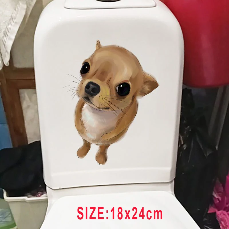 Cute Chihuahua Pug Dog Cartoon Waterproof Toilet Stickers Funny Bathroom Toilet Decoration Wall Stickers