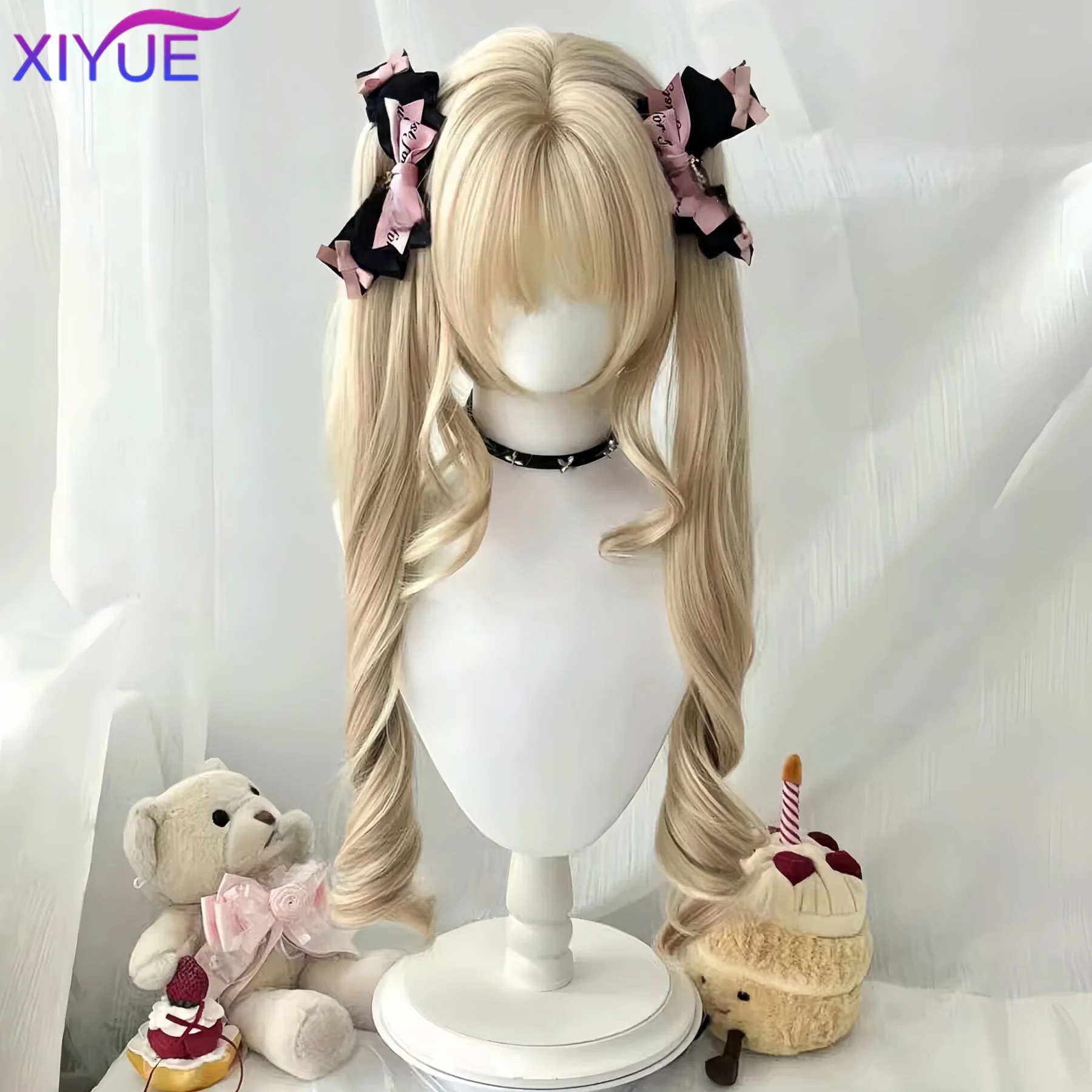 Blonde Twin Ponytail Princess Cut Natural Short Hair Synthetic Wigs With Bangs For Women Heat Resistant Cosplay Lolita Hair