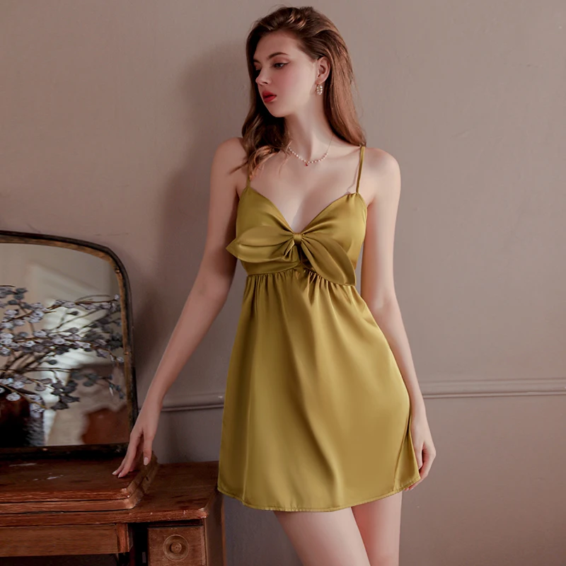 

Нижнее белье Ночные Рубашки Сексуальная с глубоким V-образным вырезом однотонная женская ночная рубашка на бретелях с бантом домашнее белье сексуальное женское платье