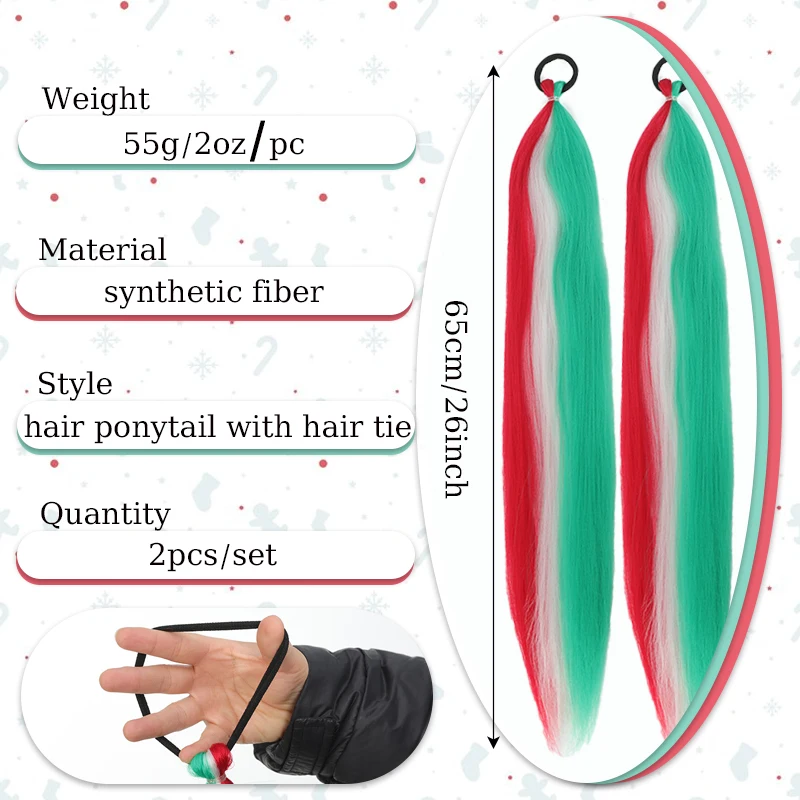 2Pcs Hair Ponytail Extensions Hairpiece for Braiding Jumbo Braids with Shiny Tinsel Hair Wig Christmas-themed Hairstyle for Kids