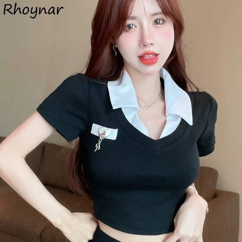 

Sexy T-shirts Women Summer New Y2k Hotsweet Panelled Crop Tops Slim Lapel Designed Short-sleeve Popular Korean Office Lady Tees