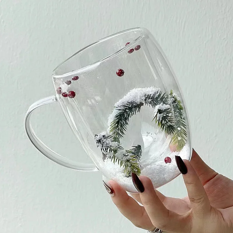 Double Wall Glass Cup with Real Dried Pine Needles for Hot and Cold Drinks