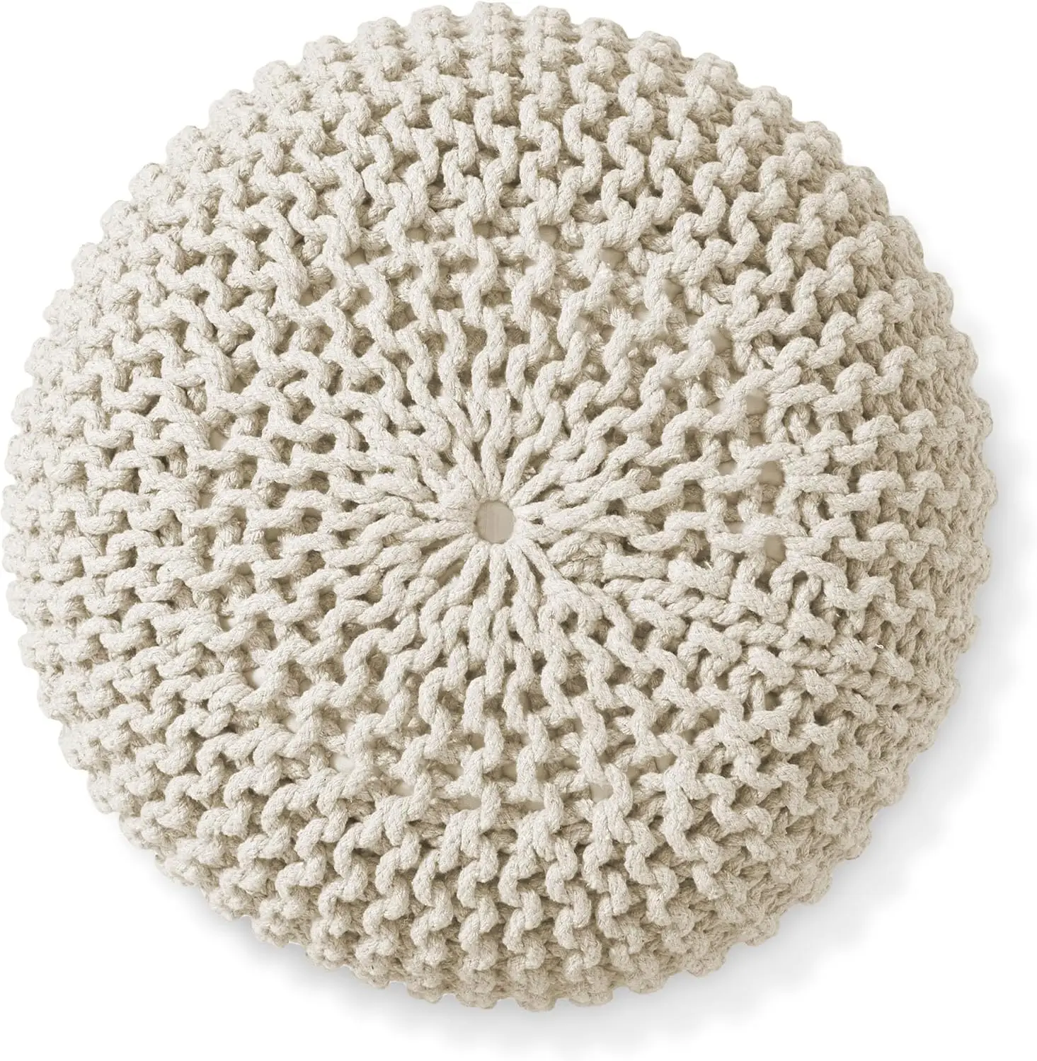 Round Pouf Ottoman, Natural - 20" Diameter x 14.5" High Cotton Knit Foot Stool - Boho Floor Pouffe