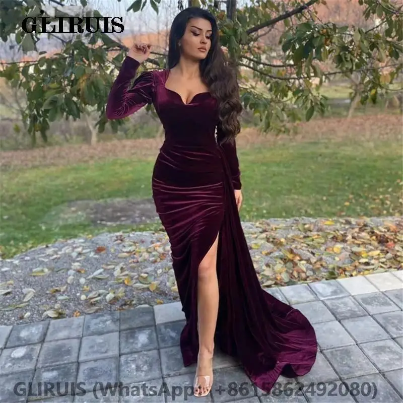 

Mermaid Evening Dresses Side Split Formal Arabic Party Prom Gown For Women Pleat Sweep Train Open Back