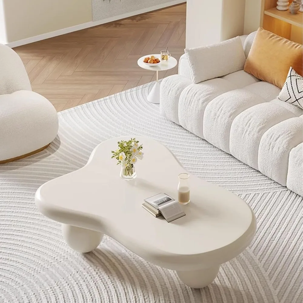 Modern Coffee Table Cloud Shape Low Coffee Table Cartoon Irregular Indoor Tea Table with 3 Ball Leg for Living Room (White, 39.4 6