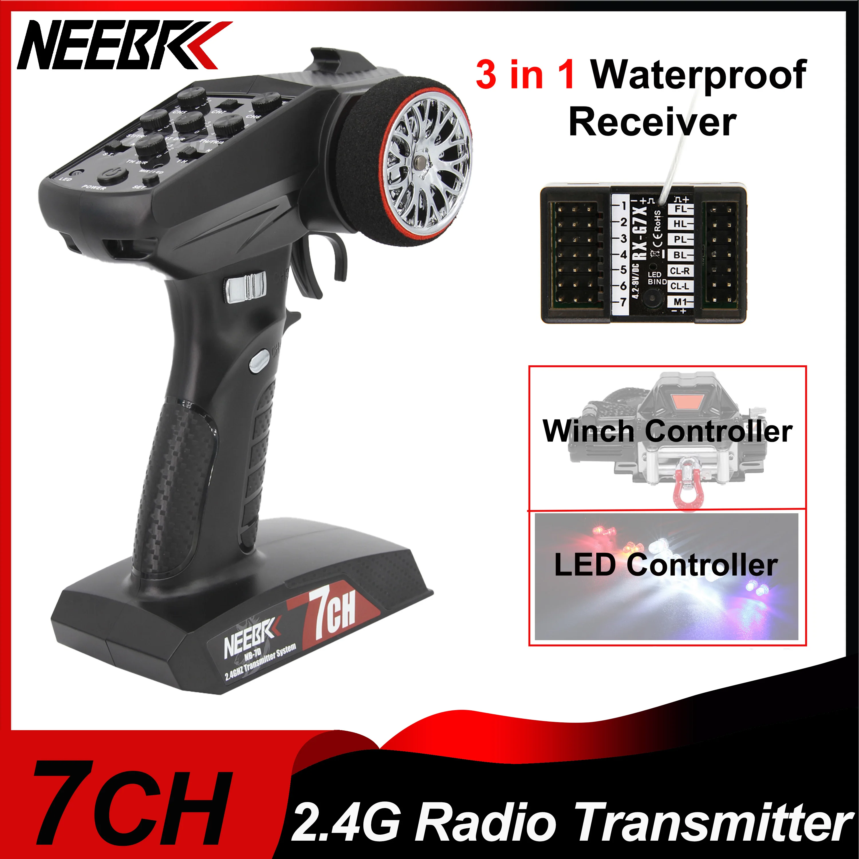 NEEBRC 2,4GHz 7-Kanal Sender-Funksystem Fernbedienung/LED-Lichtsteuerungssystem Empfänger für RC-Auto und -Boot