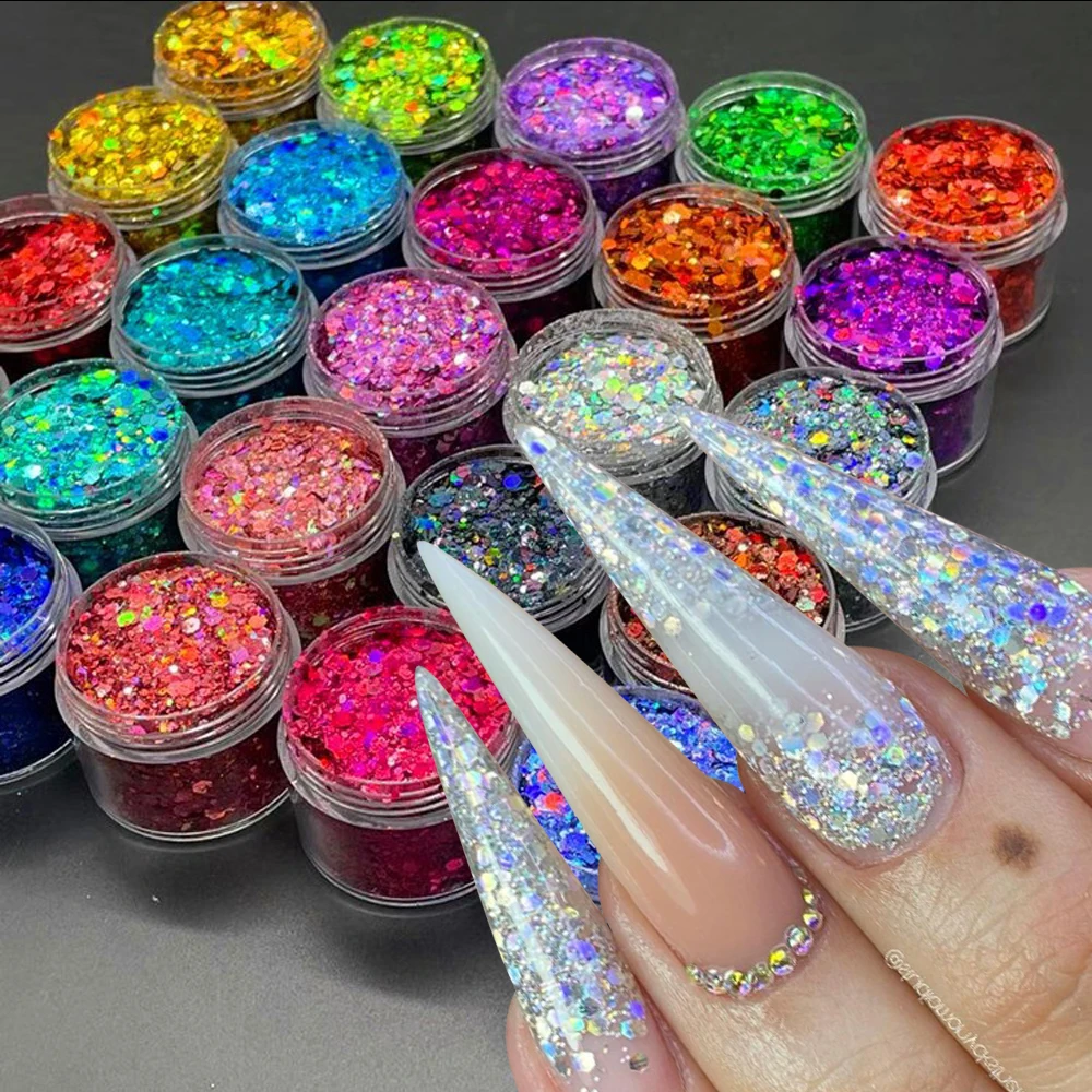 24 Colors Holographic Chunky Glitter 24 Colors Total Laser Nail Glitter  Flakes Chunky Holographic Laser Nail Glitter