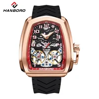 Montre mécanique automatique pour homme HANBORO Racing, boîtier irrégulier, or rose, double tourbillon, cadran rouge ajouré, montre de sport de luxe 985 6