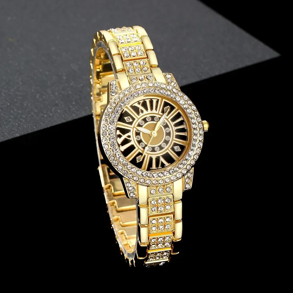 2pcs Women's Watch Gorgeous Style Diamond studded Alloy Steel Strip Quartz Watch and Diamond studded Cuban Chain Bracelet 3