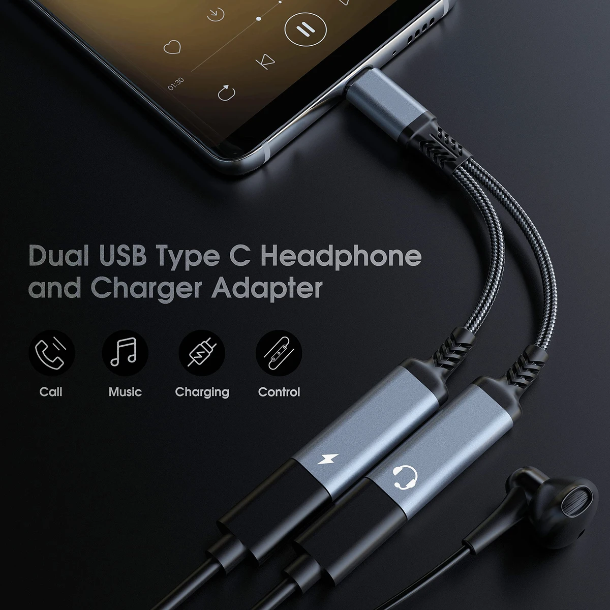 OTG 2 IN 1 USB C Splitter to Dual Type USB C Headphone Jack Audio Adapter PD 60W Fast Charger for Samsung Huawei iPhone15 Xiaomi — view 3