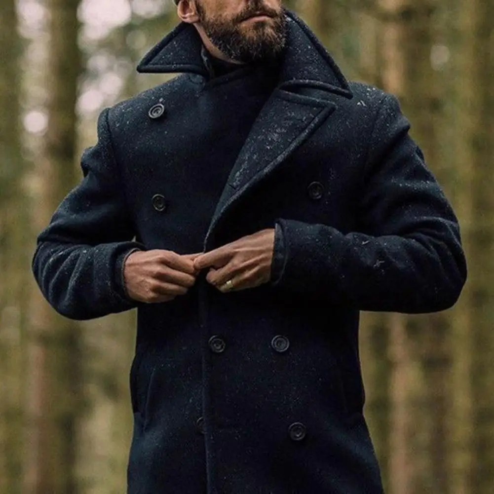 Thickened Men Coat British Style Windproof Men's Trench Coat Double-breasted Solid Color Buttons Lapel Thick Long Sleeve Mid