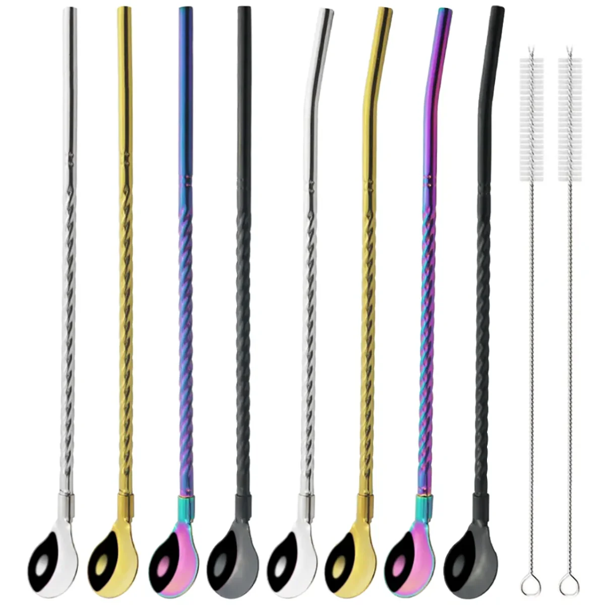 Premium Reusable Stainless Steel Straw Spoon Set - Eco-Friendly Drinking Accessories with Cleaning Brush