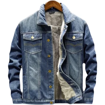 Denim Coat Men Thick Jackets Warm Coats Turn Down Collar Full Sleeve Single Breasted Simple Casual Loose Jacket Winter 1