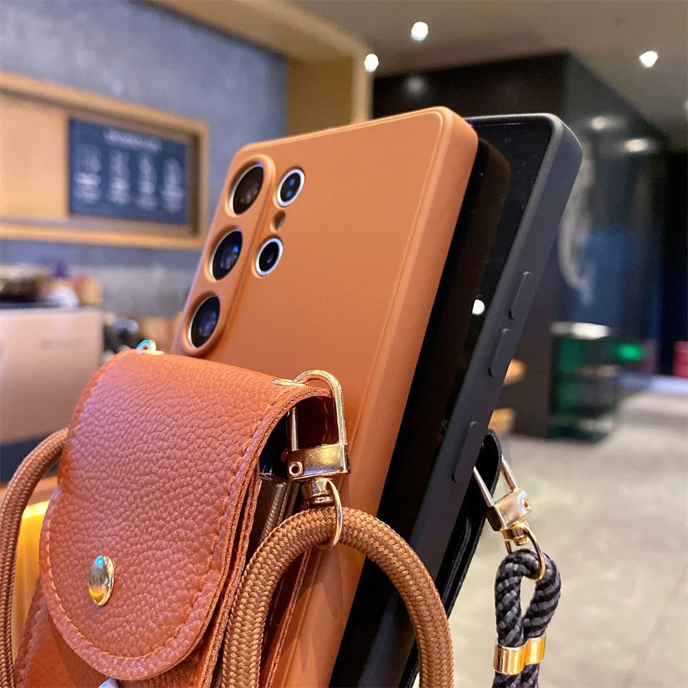 Crossbody Lanyard Leather Wallet Case For Samsung S24 S25 Ultra S23 S22 Plus S21 S20 Note 20 A73 A72 A71 A70 A55 A54 A53 A52 A50 5