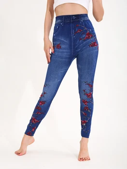 Autumn Winter 1PACK Women's Imitation Cowboy Plum Blossom Pattern Sexy Tight Legging Casual Sports Elegant Fitness Yoga Pants 1