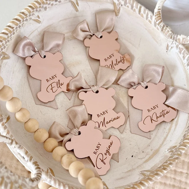 ป้ายอะคริลิคกระจกเงาหมีแบบกำหนดเอง 20/50/60/70/80/100 ชิ้น ป้ายของขวัญสำหรับงานเลี้ยงฉลองเด็กอ่อน ป้ายหมีวันเกิด ป้ายชื่อเด็ก 1