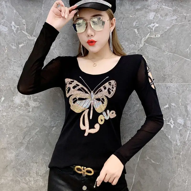 بلوزة نسائية أنيقة بأكمام طويلة شبكية لربيع وخريف