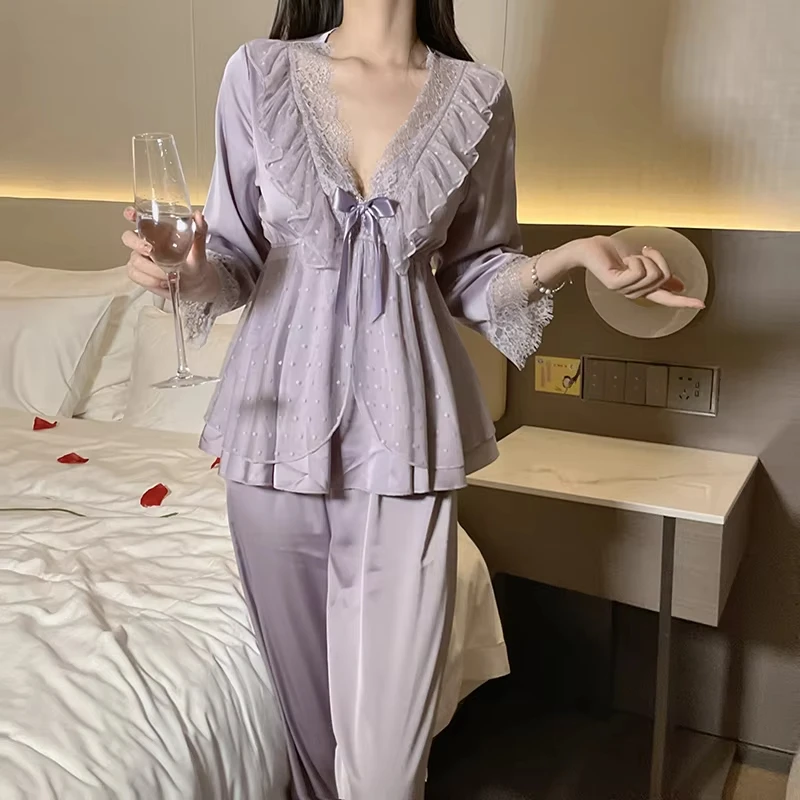 2025 Women's New Lace Lace Satin Home Pajama Set Deep V Sweet Lace Top Pants Two Piece Set Home Clothes Skin friendly Hot Sale