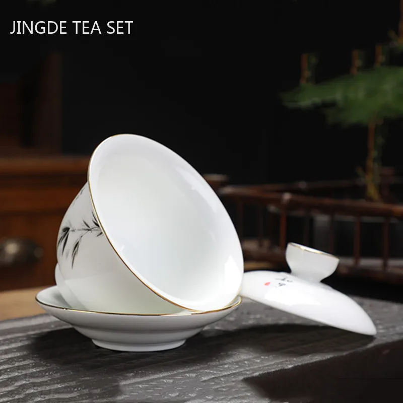 Chinese Dehua Ceramic Gaiwan with Cover Teacup Mutton Fat Jade White Porcelain Tea Bowl Household Tea Set Hand Grab Pot 170ml