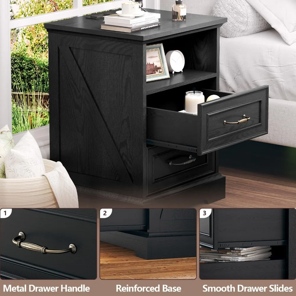 Farmhouse Nightstand with Charging Station, Side Table with 2 Storage Drawers, Rustic Wood Night Stand with Metal Handle 4