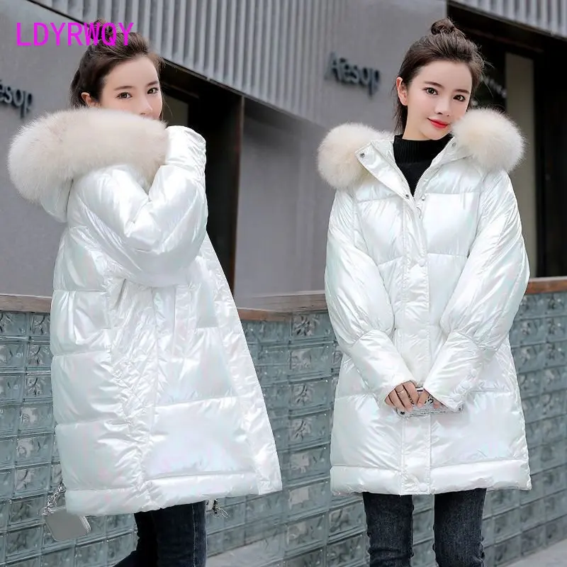 Bright face cotton women 2022 new Korean version of loose wool collar cotton coat in the long padded jacket