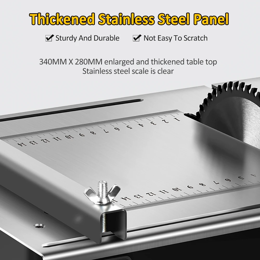 Woodworking Table Saw Mini 2500W 340*280mm Woodworking Tools Stainless Steel Top with Angle Ruler and Adjustable Backing