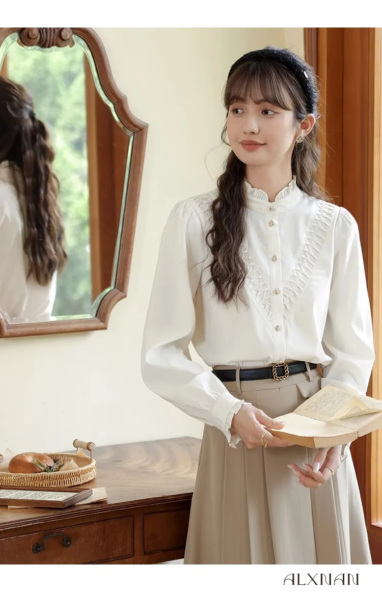 

French Stand Collar Design Sense Lace Up Commuter Simple Single Breasted Women's Shirt Fashion Temperament Casual Tops